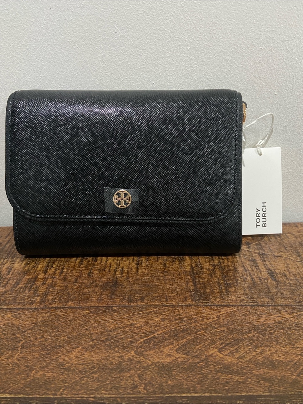 Tory Burch Saffiano Chain Wallet in Black